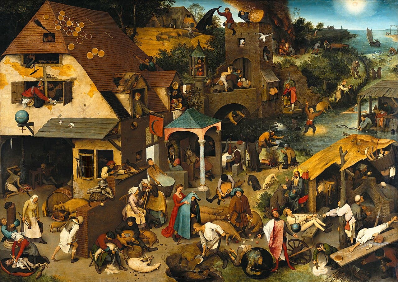 Bruegel's Netherlandish Proverbs, a crowded village scene literally illustrating dozens of Flemish idioms.