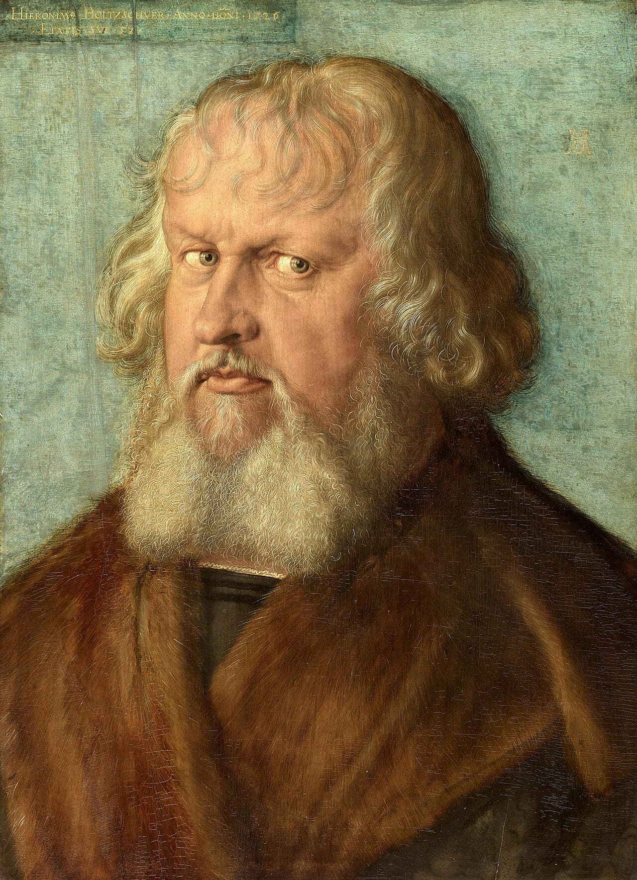 Dürer's Portrait of Hieronymus Holzschuher, a precisely rendered bust portrait of an older man in fur-trimmed robes.