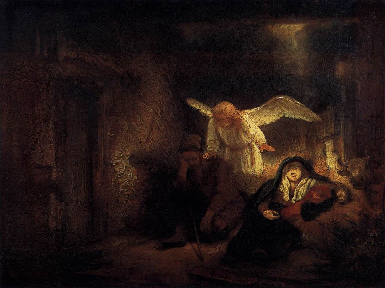Rembrandt's Joseph's Dream, a dimly lit nocturnal scene of a sleeping man watched over by an angel.
