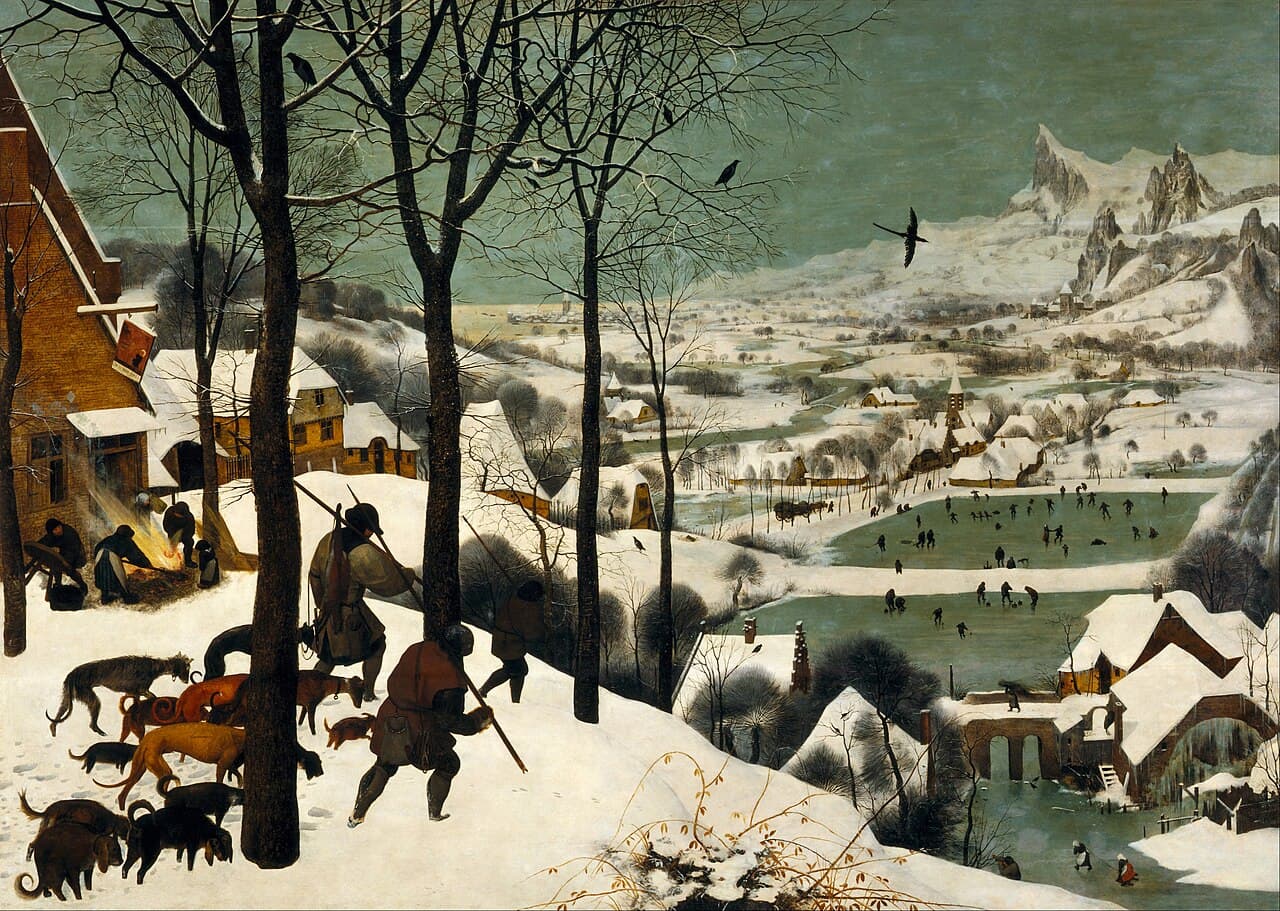 Pieter Bruegel the Elder's The Hunters in the Snow, showing hunters and dogs descending a snowy hillside above a frozen valley.