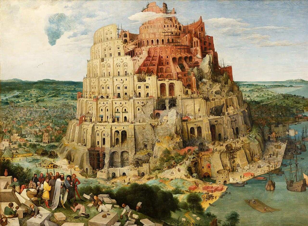 Pieter Bruegel the Elder's Tower of Babel, a vast unfinished ziggurat under construction beside a harbor city.