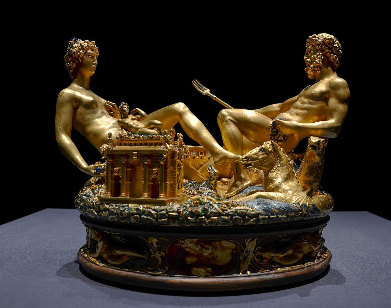 Benvenuto Cellini's Saliera, a gold and enamel salt cellar depicting Neptune and Earth on an ebony base.