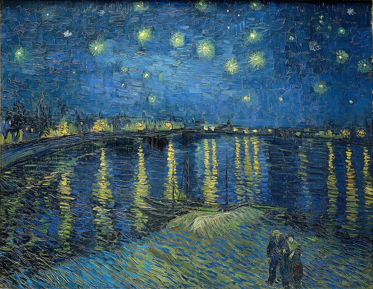 Van Gogh's Starry Night Over the Rhône, showing gaslit reflections shimmering on dark water beneath a star-filled sky