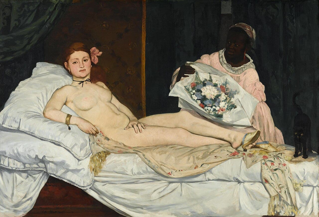 Manet's Olympia, a reclining nude woman gazing directly at the viewer while a maid presents her with flowers