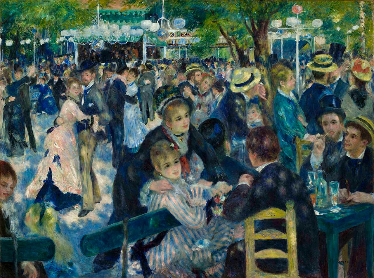 Renoir's Bal du moulin de la Galette, showing dappled sunlight over dancers at an outdoor café in Montmartre