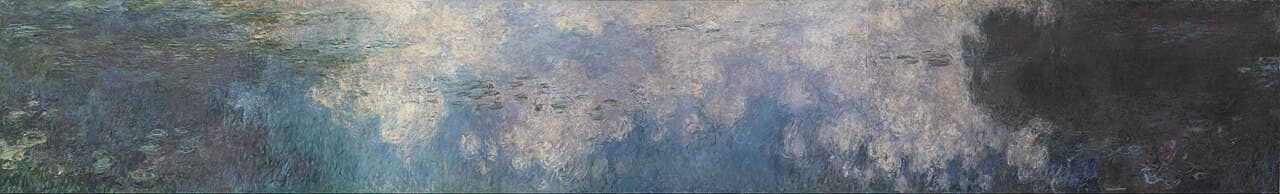 Claude Monet's Water Lilies – The Clouds, a wide panel of blue-green pond and reflected sky
