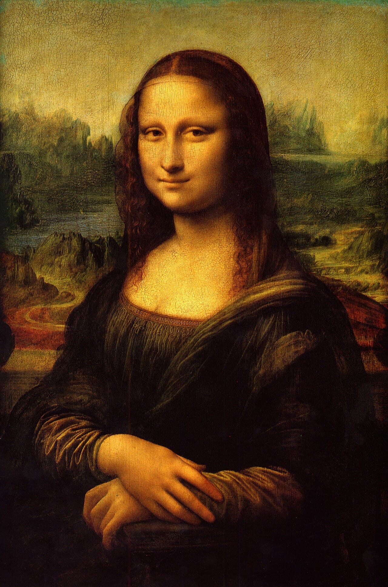 Leonardo da Vinci's Mona Lisa, a half-length portrait of a woman with a faint smile