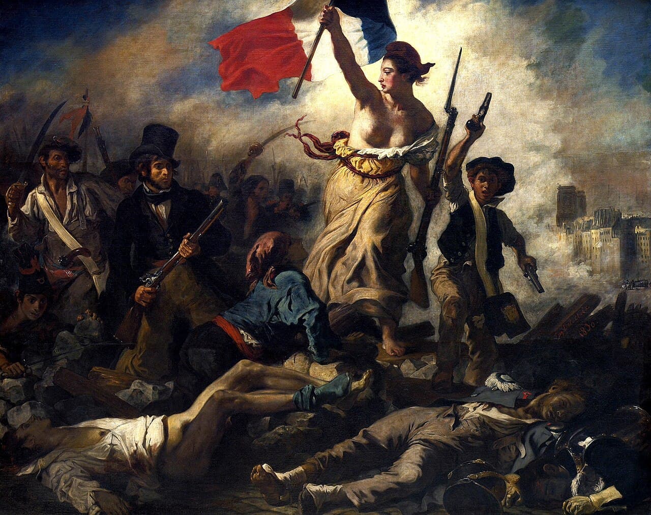 Delacroix's Liberty Leading the People, a woman holding a flag leads a crowd over fallen figures
