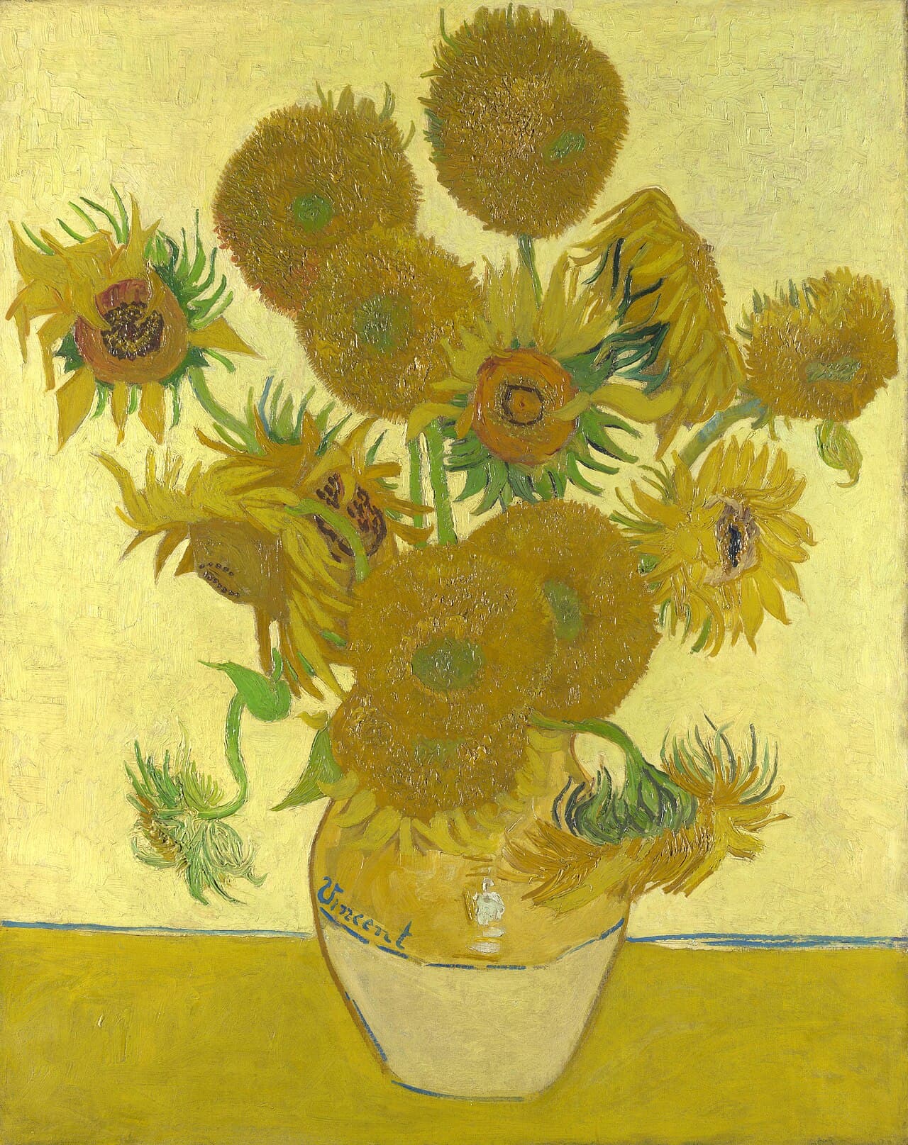 Vincent van Gogh's Sunflowers, a vase of yellow sunflowers against a yellow background