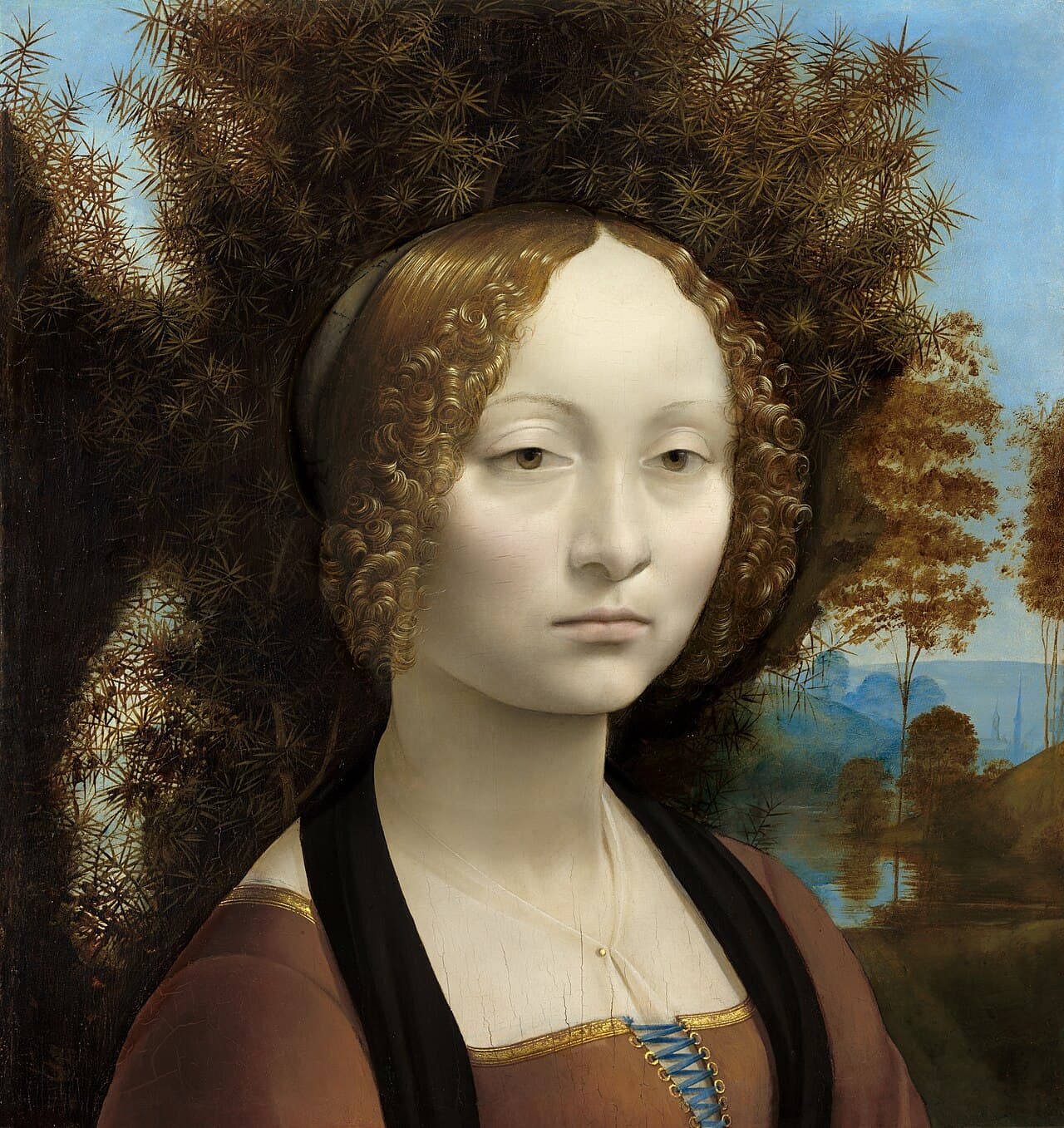Ginevra de' Benci by Leonardo da Vinci, a young Florentine woman before a juniper bush