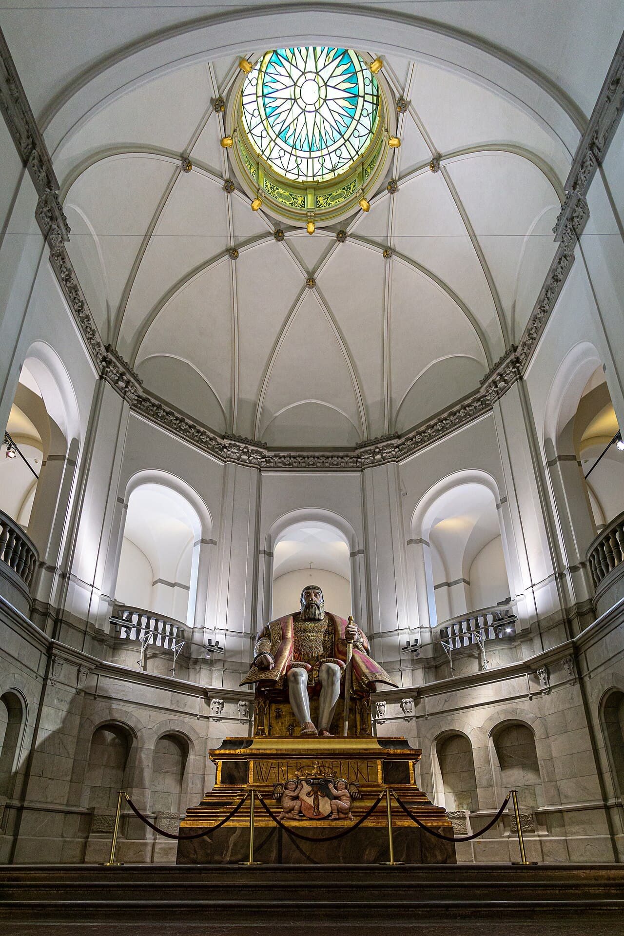 Gilded wooden statue of King Gustav Vasa in the entrance hall of Nordiska museet