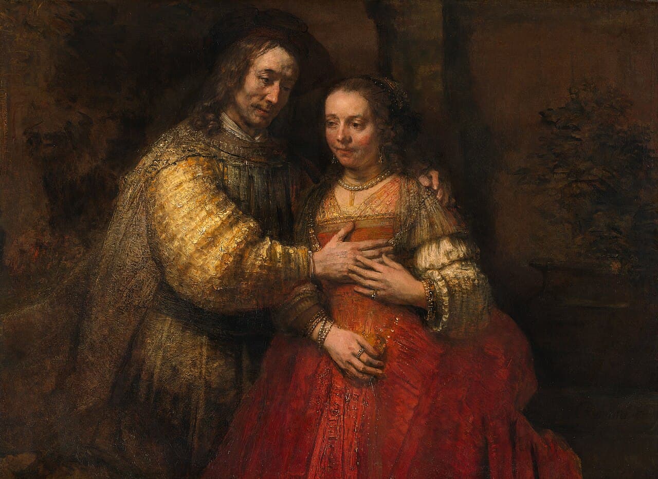 Rembrandt's The Jewish Bride, showing a couple in a tender embrace rendered in thick impasto