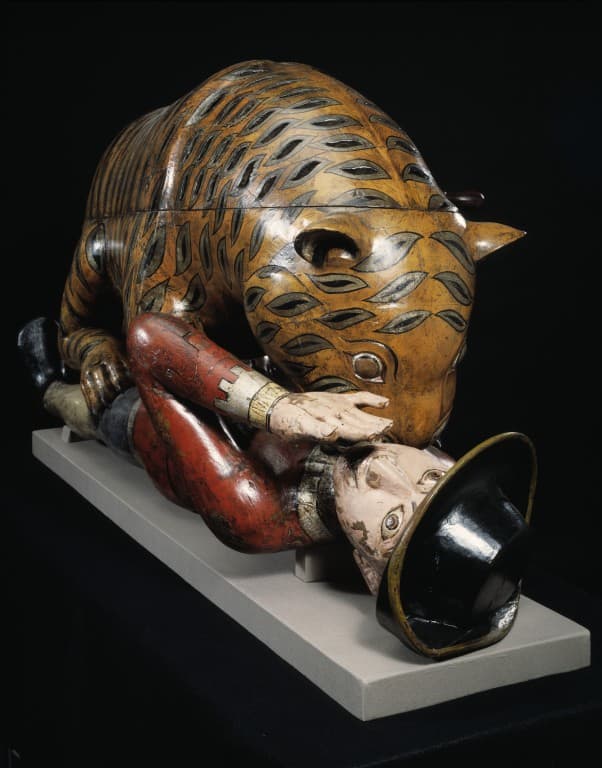 Tipu's Tiger, a painted wooden automaton showing a tiger attacking a European figure