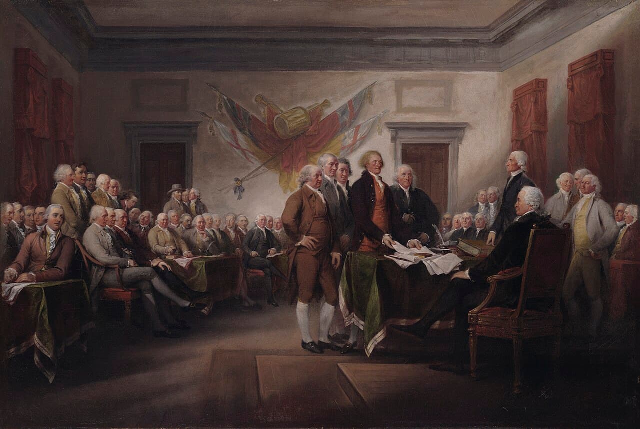 Historical painting of delegates presenting a document in a crowded chamber