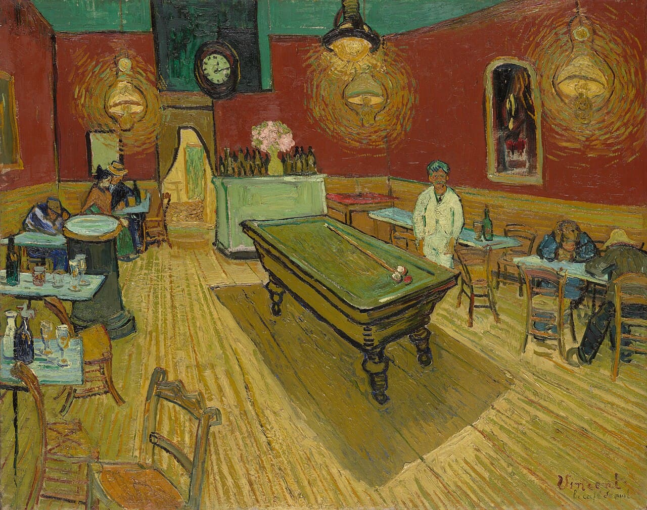 Van Gogh's The Night Café, an interior scene in vivid red and green with a tilted billiard table